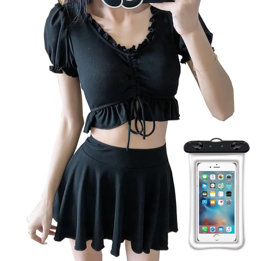 【送料無料】 水着 2点セット ブラック フリル スカート 体型カバー ビキニ レディース 韓国 色：ブラック、サイズ：M