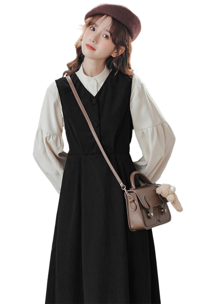 【送料無料】 ワンピース 長袖 レディース ミディアム丈ワンピース 切り替え フェイクレイヤード 大人 可愛い Aライン ドレス 柔らかい コールテン ゆったり 体型カバー 着痩せ 春 秋 冬 きれいめ おしゃれ 通勤 カジュアル 色：ブラック、サイズ：L