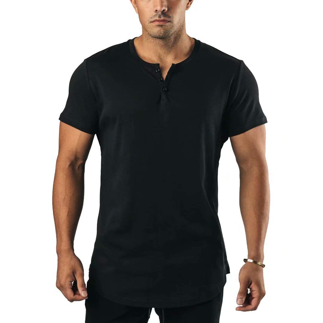 【送料無料】 メンズ ヘンリーネックtシャツ トレーニングウェア Tシャツ 半袖 Vネック 綿 スポーツシャツ 筋トレ フィットネス カジュアル アクティブ T...