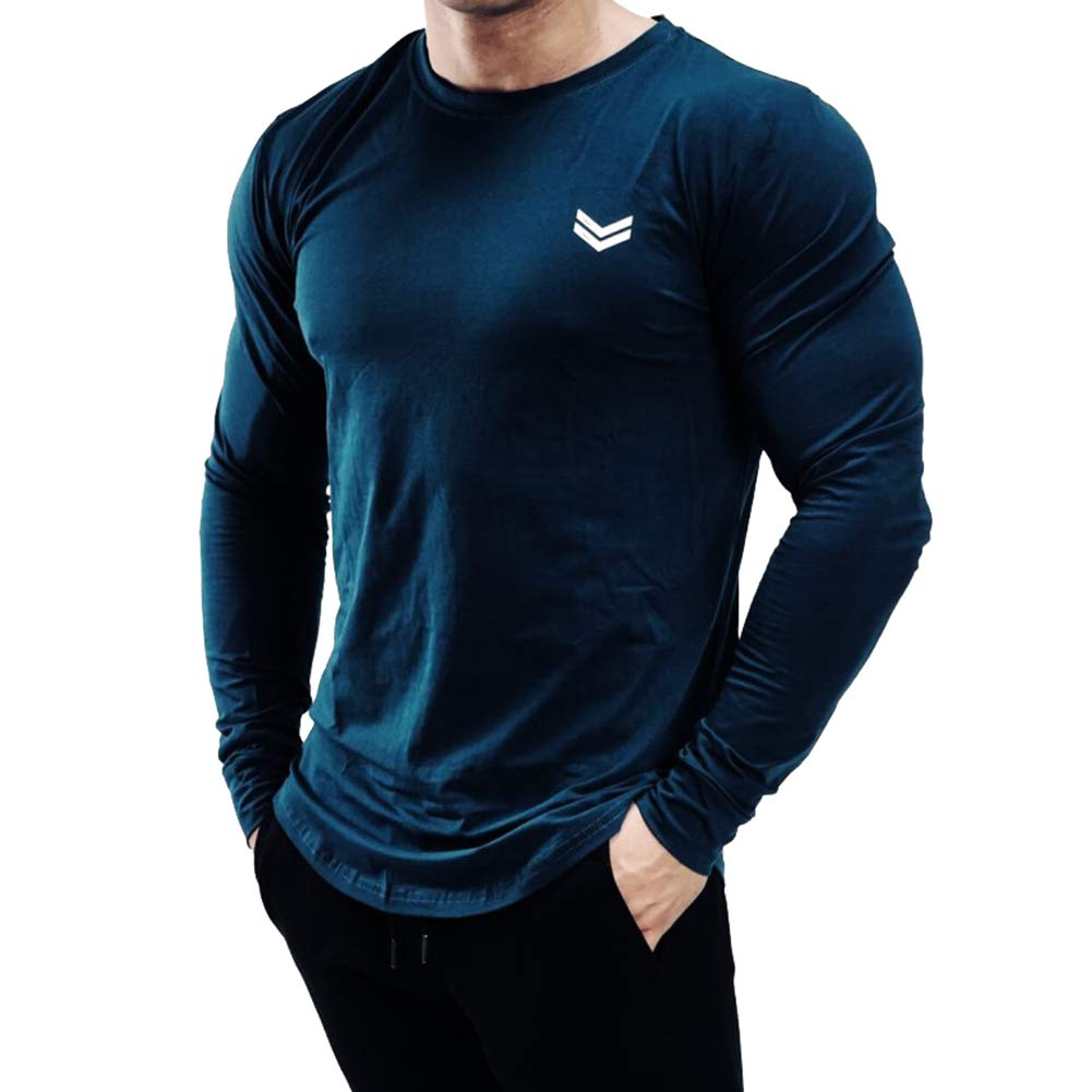【送料無料】 メンズ Tシャツ 長袖 スポーツウェア トレーニングウェア フィットネス 吸汗速乾 ストレッチ 筋トレ ボディビル 色：ミッドナイトブルー、サイズ：2XL