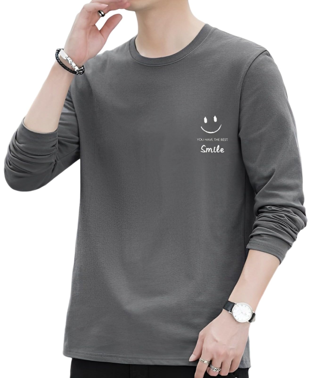 【送料無料】[emptio] [エンプティオ] 長袖 スマイル ロングtシャツ ストリート メンズ トップス 丸首 柔らかい肌触り tシャツ 色：スレートグレー、サイズ：L