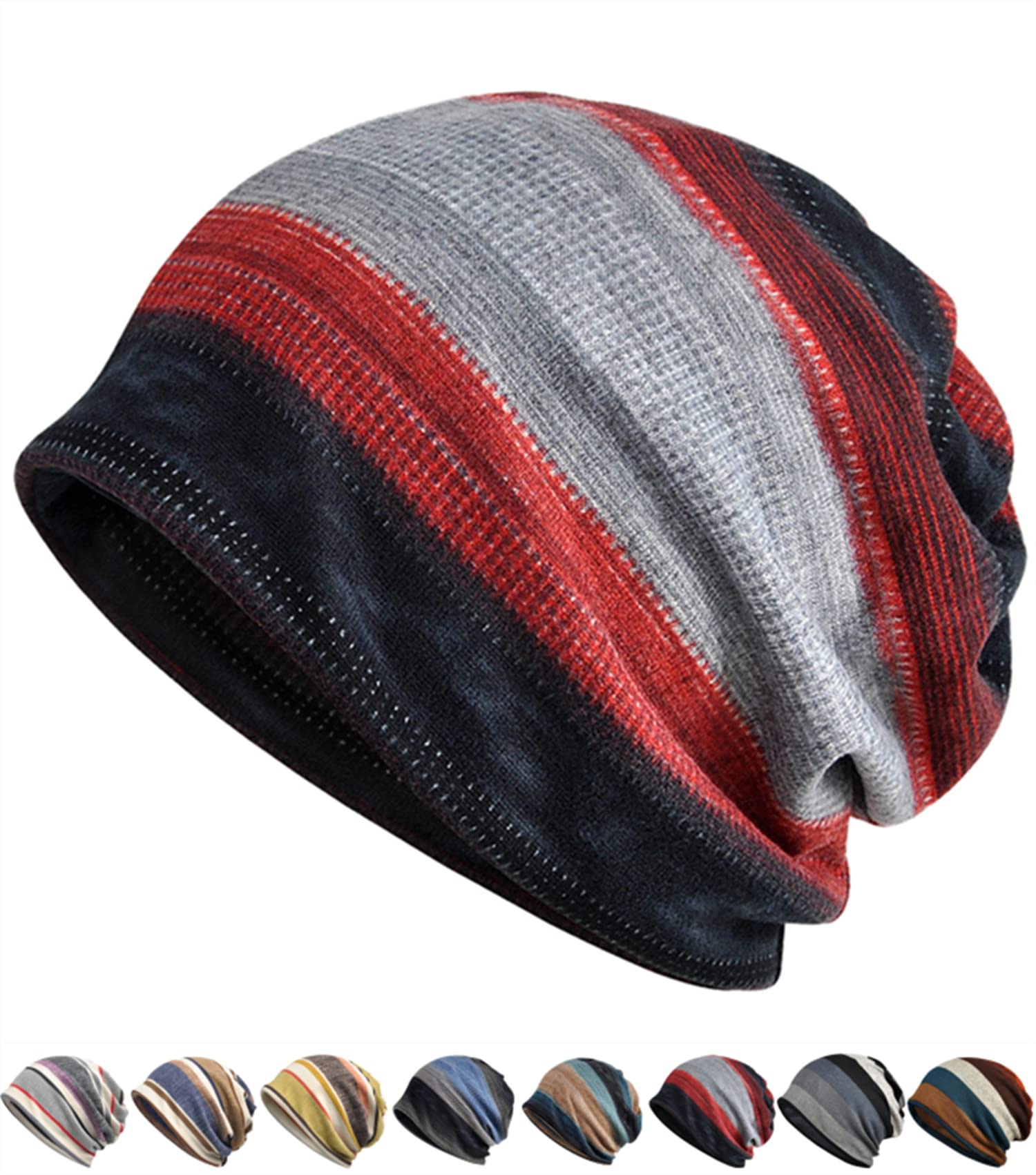 【送料無料】[SUBTRY] ニット帽 春 夏 秋『お肌に優しい綿素材/通気吸汗/蒸れにくい/抗菌防臭』メンズ レディース ストライプ ストレッチ 大きい 綿 帽子 2層構造 オシャレ ケア帽子 抗がん剤 医療用帽子 柔らかい 色：B.3way 多機能：ブラック/グレー、サイズ：58.0 cm