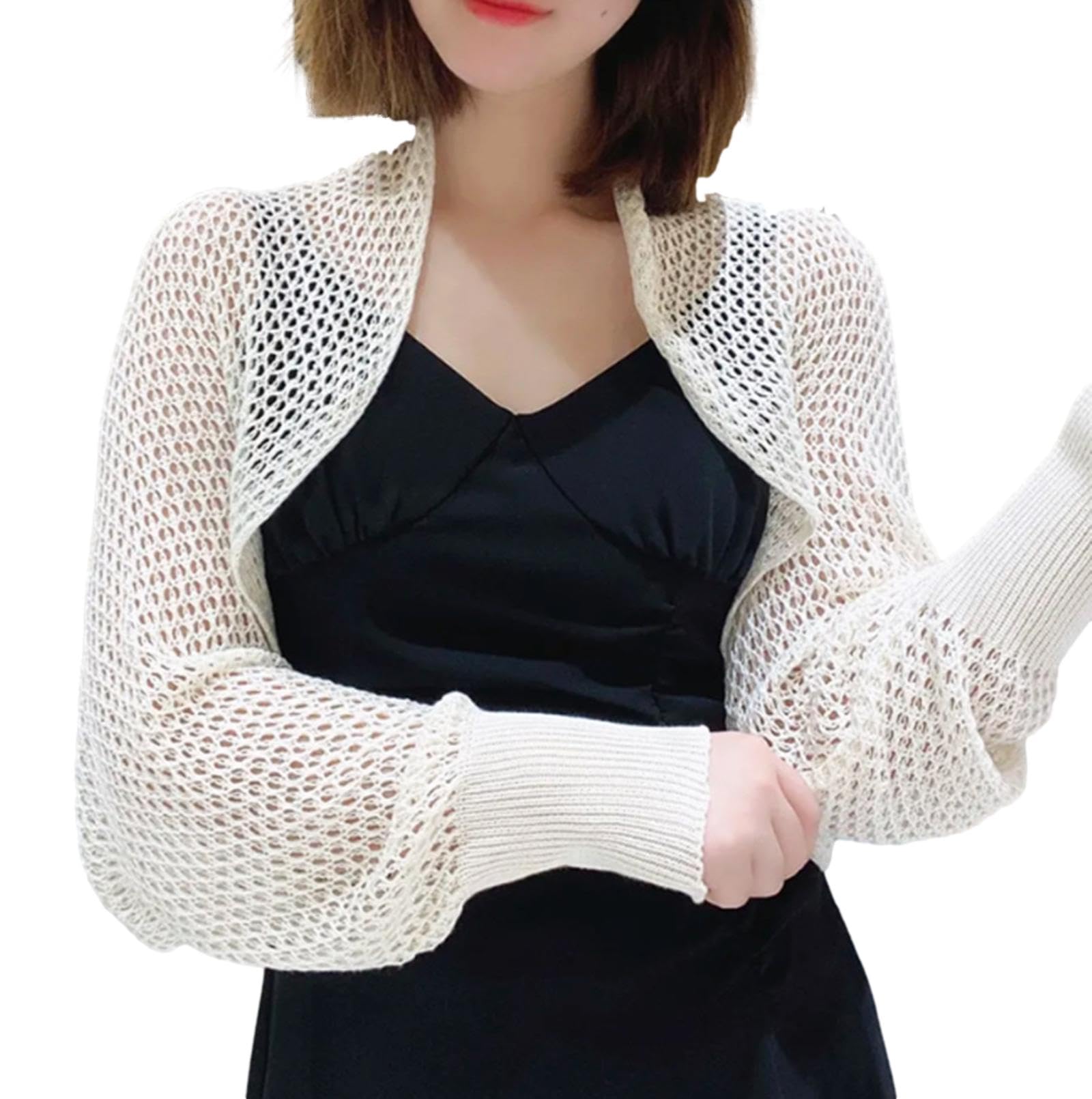【送料無料】[SLOW＆MELLOW] レディース カーディガン 透かし編み シースルー 網目 ゆったり メッシュ カジュアル ボレロ UV カット トップス 長袖 ニット レイヤード 5カラー 色：ホワイト、サイズ：Free Size