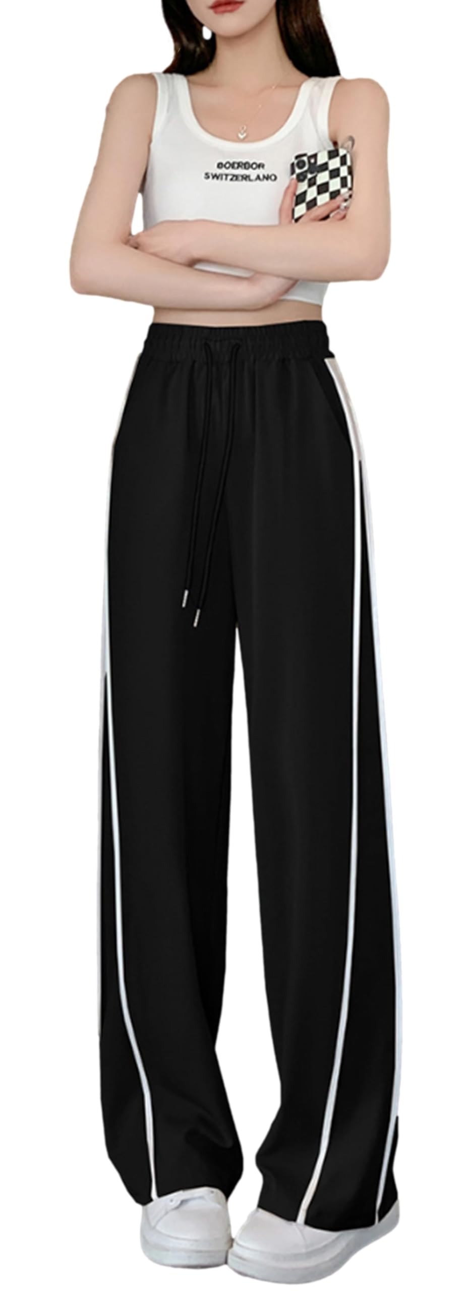 【送料無料】[SLOW＆MELLOW] ジャージ パンツ サイドライン レディース シンプル カジュアル ルームウェア ボトムス スポーツ 部屋着 イージー ウエストゴム ゆったり ヨガ 2カラー 色：ブラック、サイズ：2XL