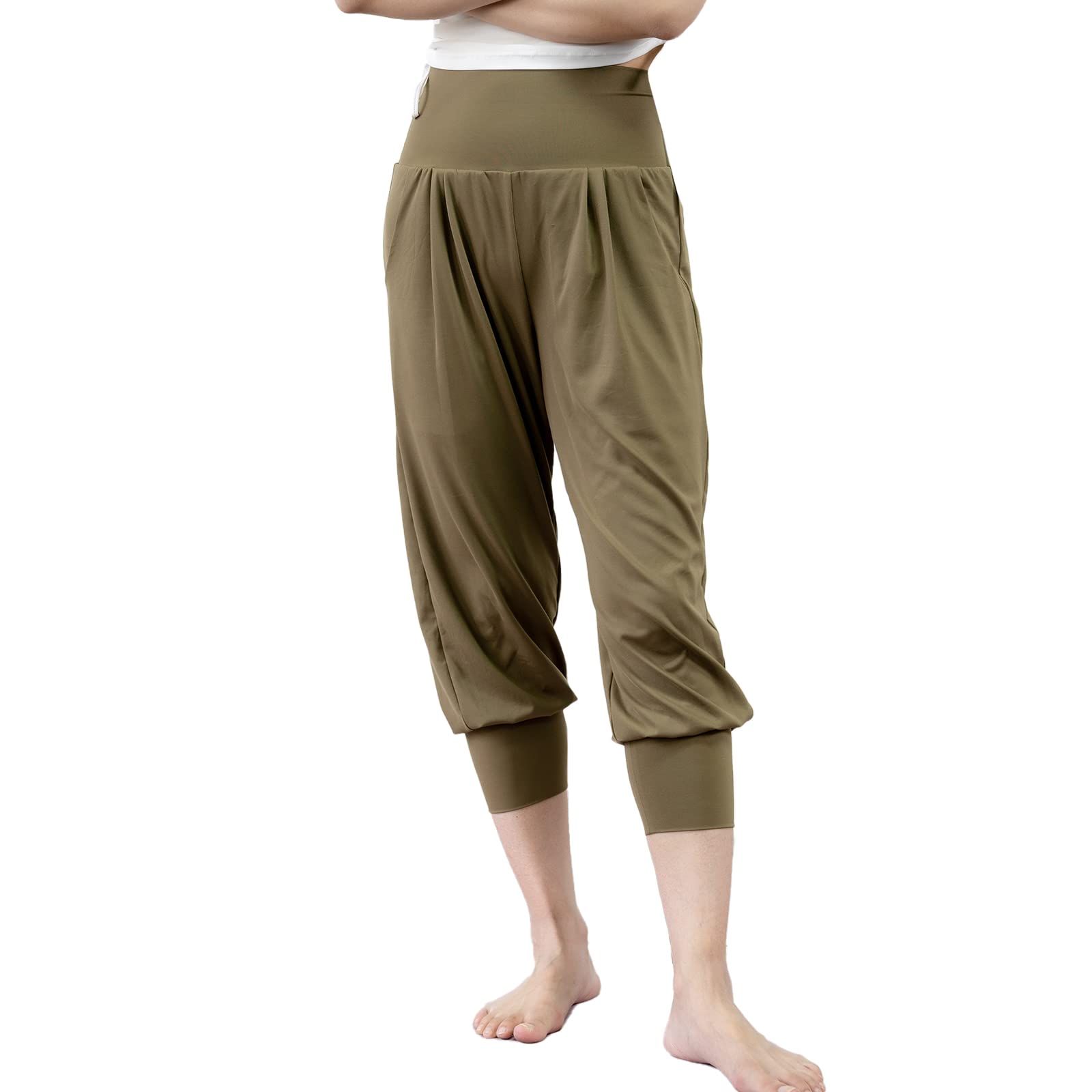 【送料無料】[iito.seasons] ヨガパンツ レディース サルエル 7分丈 パンツ ゆったり ロング丈 ヨガ ハイウエスト ワイドパンツ フィット ネスパンツ スポーツ ルームウェア ヨガ 部屋着 伸縮性 薄手 吸汗速乾 紫外線対策 色：モスグリーン、サイズ：L