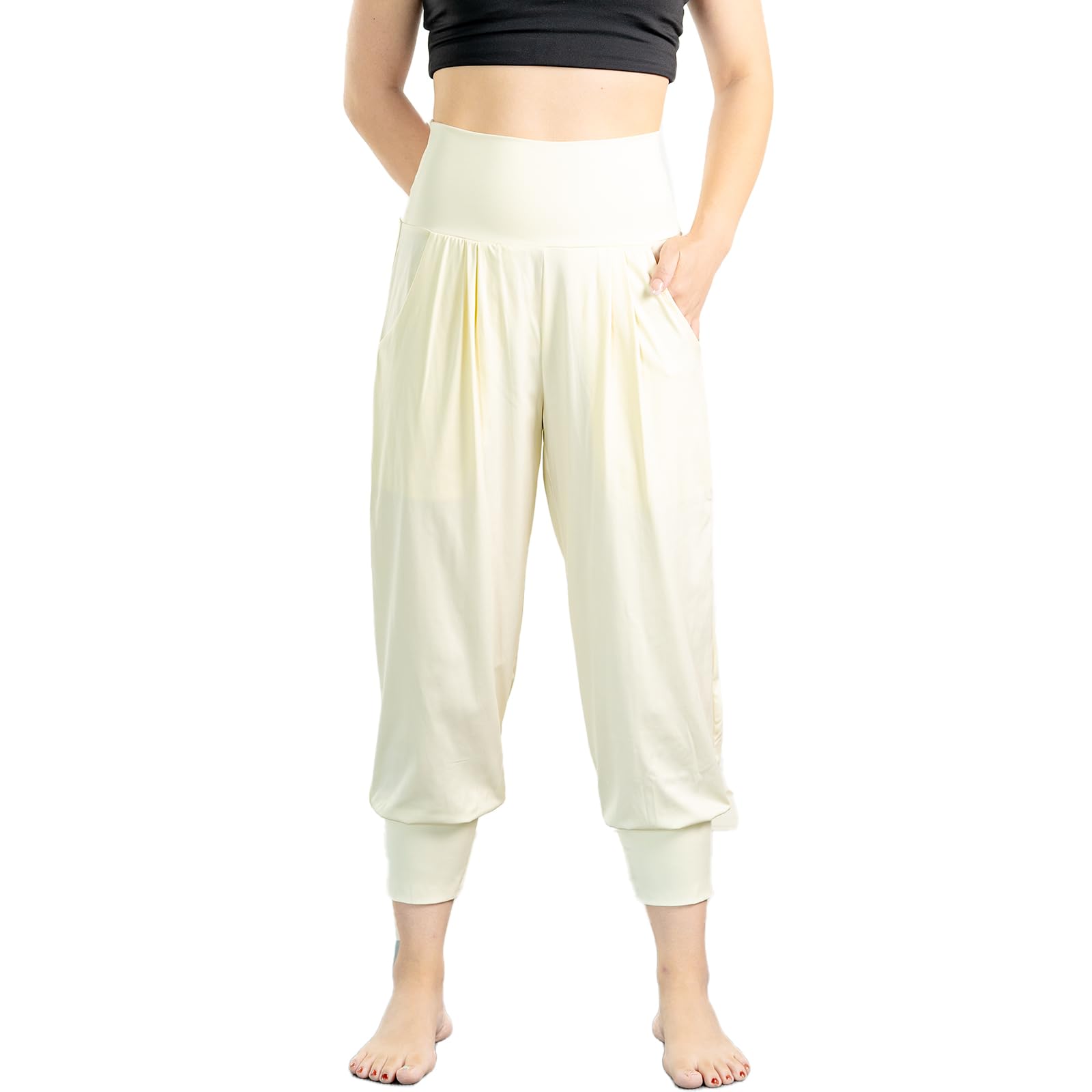 【送料無料】[iito.seasons] ヨガパンツ レディース サルエル 7分丈 パンツ ゆったり ロング丈 ヨガ ハイウエスト ワイドパンツ フィット ネスパンツ スポーツ ルームウェア ヨガ 部屋着 伸縮性 薄手 吸汗速乾 紫外線対策 色：エクルベージュ、サイズ：M