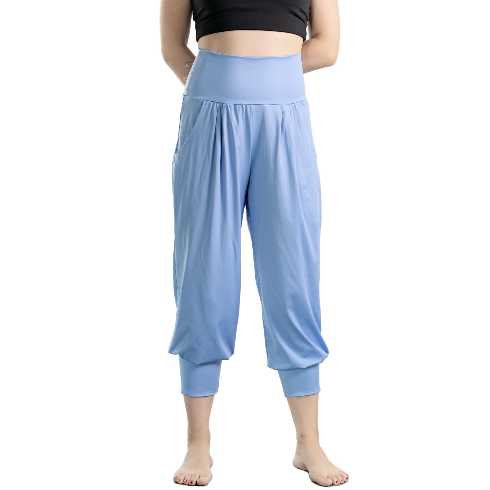 【送料無料】[iito.seasons] ヨガパンツ レディース サルエル 7分丈 パンツ ゆったり ロング丈 ヨガ ハイウエスト ワイドパンツ フィット ネスパンツ スポーツ ルームウェア ヨガ 部屋着 伸縮性 薄手 吸汗速乾 紫外線対策 色：ヒヤシンスブルー、サイズ：M