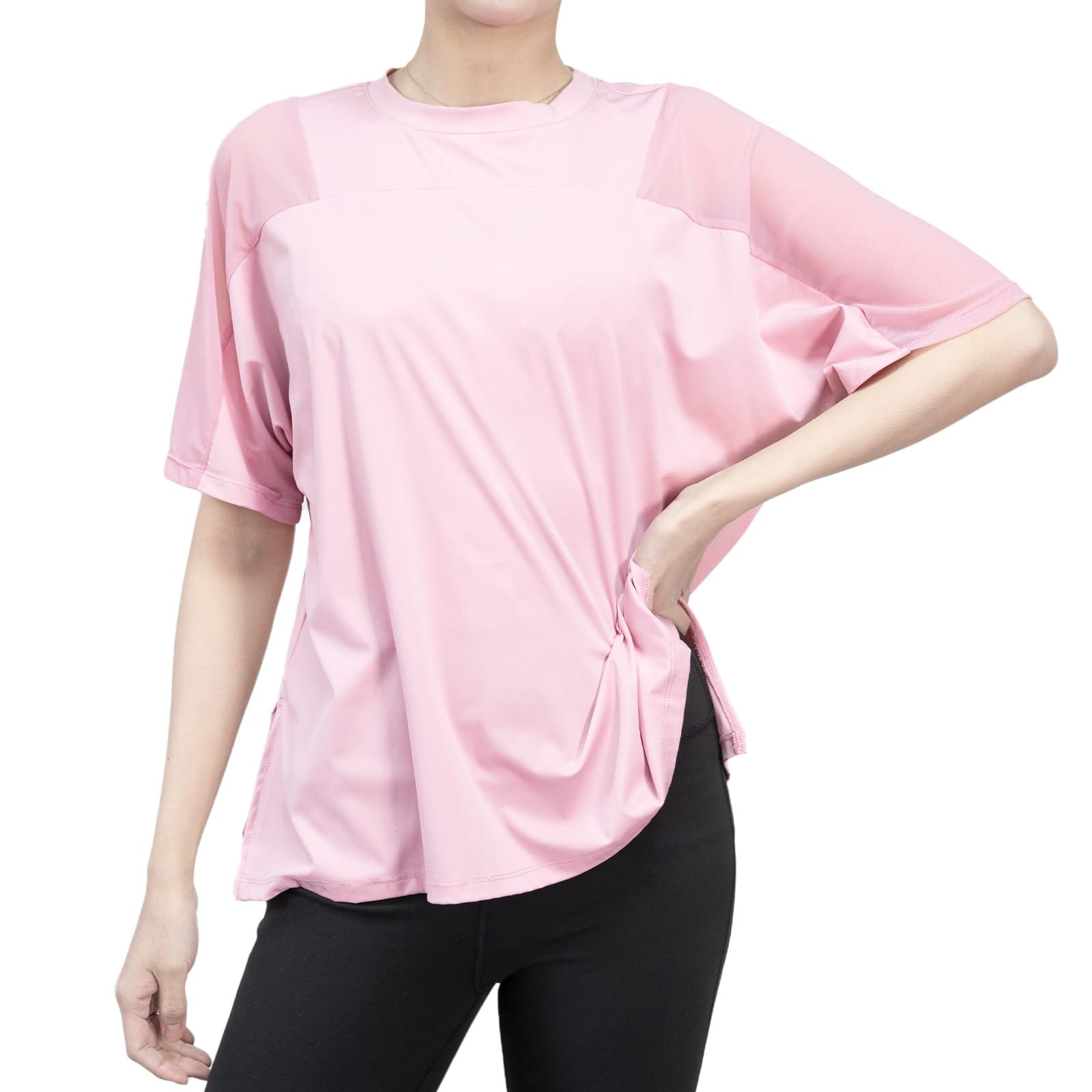 【送料無料】[iito.seasons] ヨガウェア スポーツシャツ 冷感シャツ メッシュ 2way ゆったり Tシャツ 半袖 レディース 体型カバー 透け感 薄手 吸汗 速乾 UVカット 色：ピンク、サイズ：L