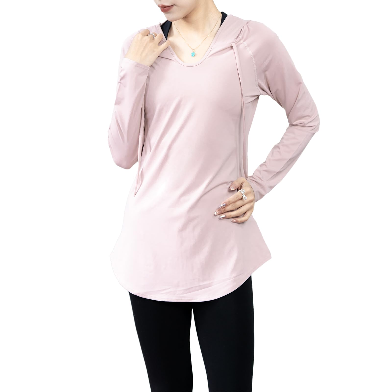 【送料無料】[iito.seasons] ヨガウェア レディース トップス 丈長め 長袖 フード付き ポケット付き フィットネスウェア 体型カバー ロング丈 冷感シャツ 薄手 吸汗 速乾 UVカット 紫外線対策 おしゃれ 人気 色：ピンク、サイズ：S