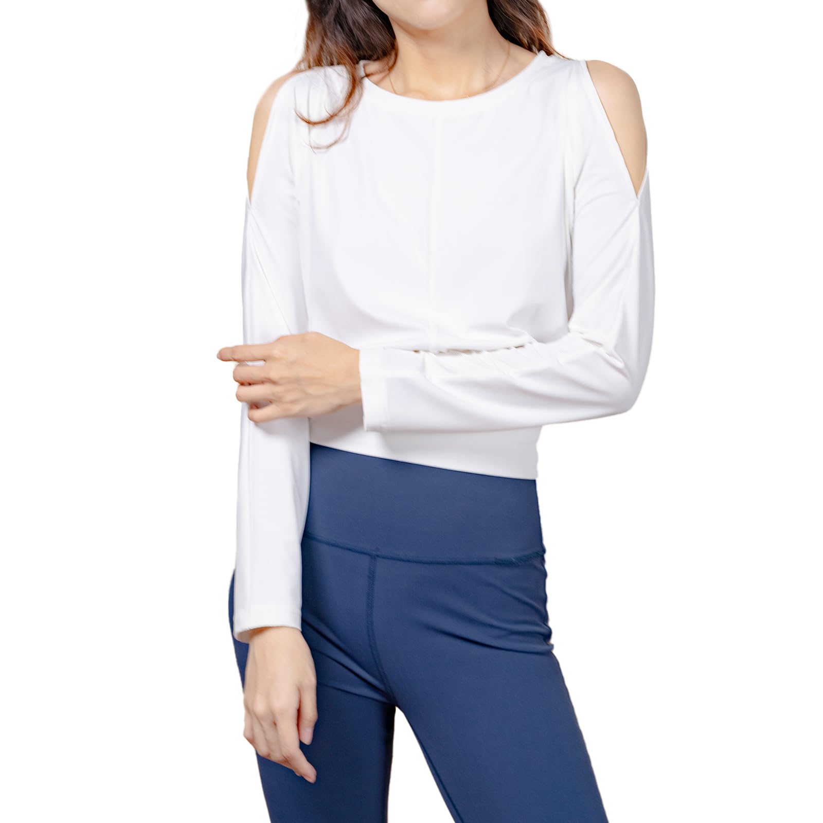 【送料無料】[iito.seasons] ヨガウェア レディース 長袖 ショート丈 ダンス オープンショルダー フィットネスウェア 体型カバー 冷感シャツ 薄手 UVカット 紫外線対策 おしゃれ 色：ホワイト、サイズ：XL