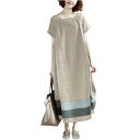 【送料無料】Hisitosa ワンピース レディース 夏 半袖 マキシワンピース 無地 秋 綿 ロング丈 森ガール 体型カバー 着痩せ 大きいサイズ 色:カーキ...