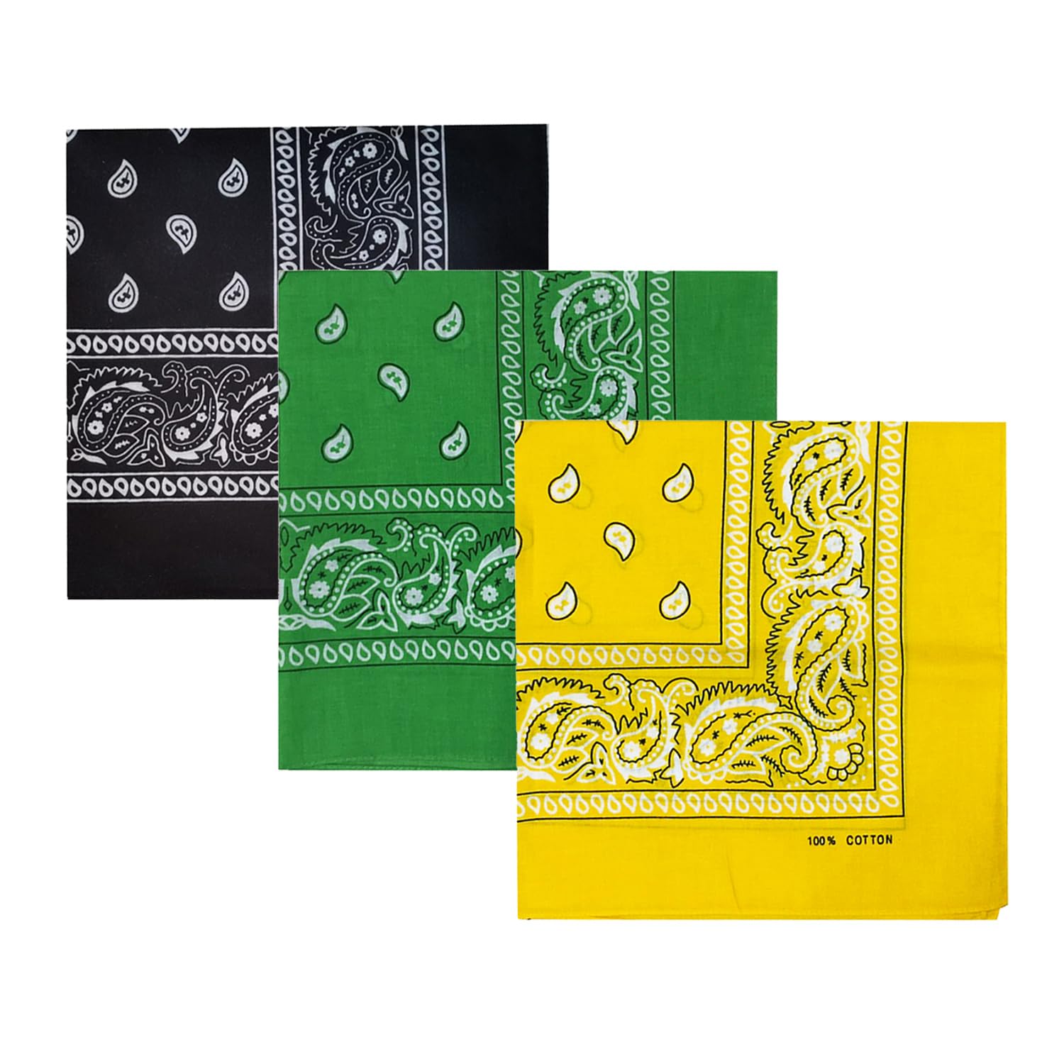 【送料無料】[kakatrend] バンダナ ペイズリー おしゃれ 綿100% 三角巾 大人 ハンカチ コットン ばんだな ユニセックス ドゥーラグ 大判 メンズ 55cm×55cm 色：D-黒黄緑、サイズ：55cm×55cm