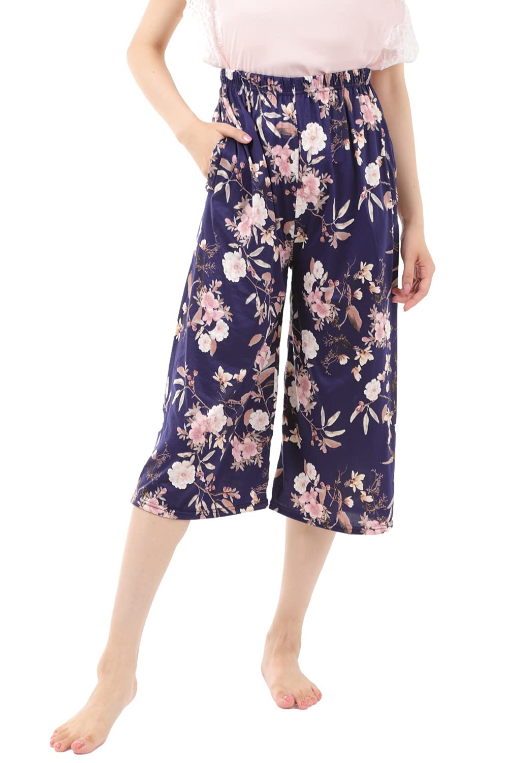 【送料無料】[Liapom] カプリパンツ レディース ルームウェア ワイドパンツ 部屋着 リラックス パンツ パジャマパンツ 色：花柄、サイズ：L-LL