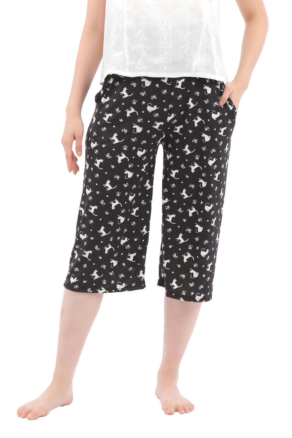 【送料無料】[Liapom] カプリパンツ レディース ルームウェア ワイドパンツ 部屋着 リラックス パンツ パジャマパンツ 色：ネコ柄、サイズ：M-L