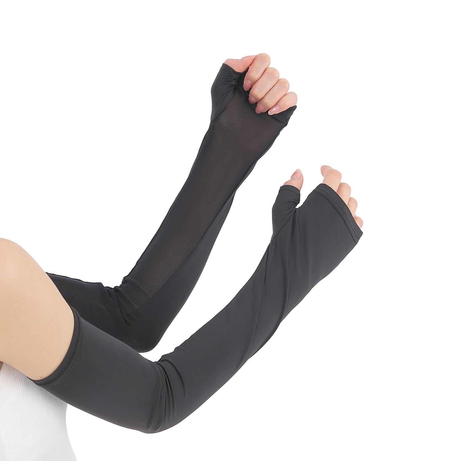 【送料無料】[Liapom] アームカバー 冷感 ひんやり 日焼け止め メッシュ uvカット UV対策 紫外線対策 通気性 伸縮性 レディース 色：ロングブラック