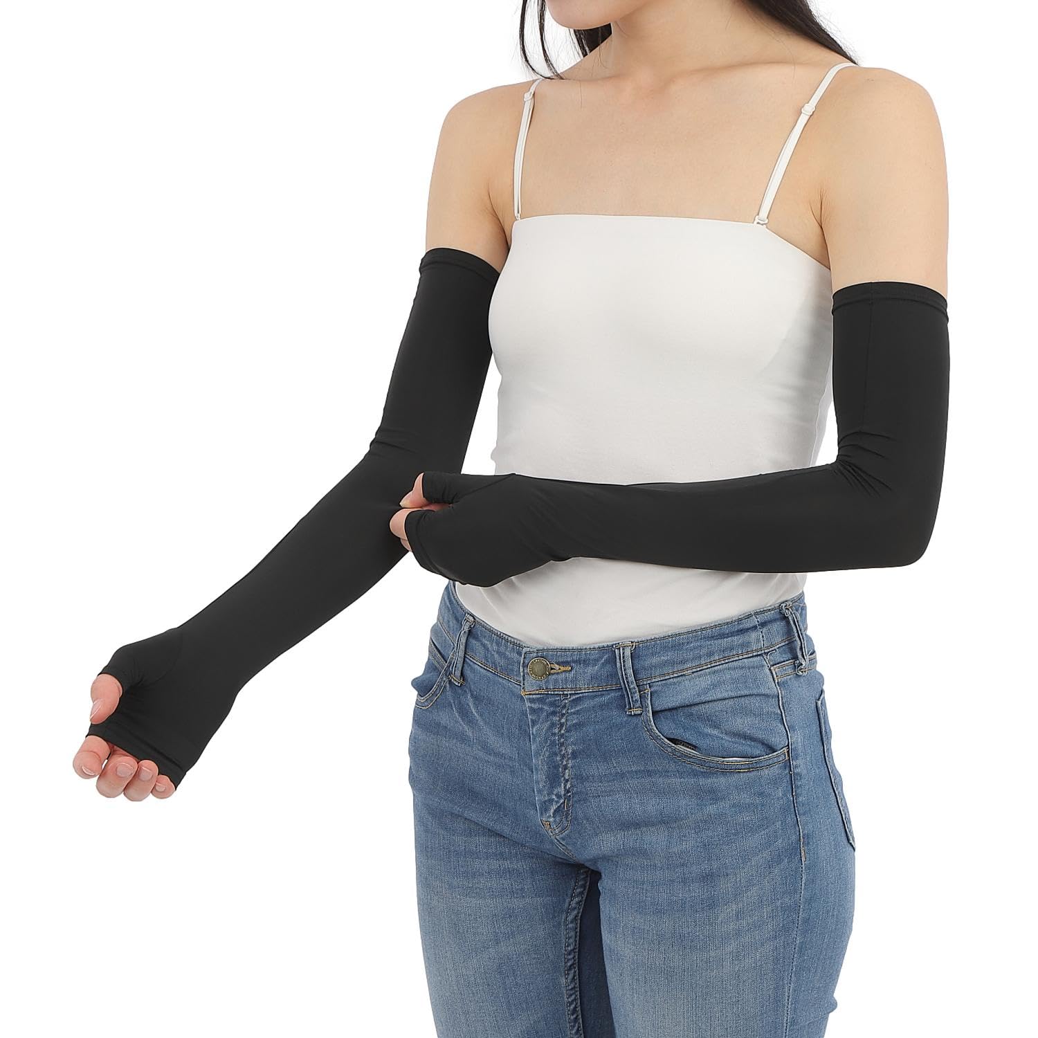 【送料無料】[Liapom] 冷感 アームカバー UV加工 接触冷感 吸水速乾 レディース 紫外線対策 腕カバー アームスリーブ 夏用 ひんやり 涼感素材 日焼け防止 色：ロングブラック