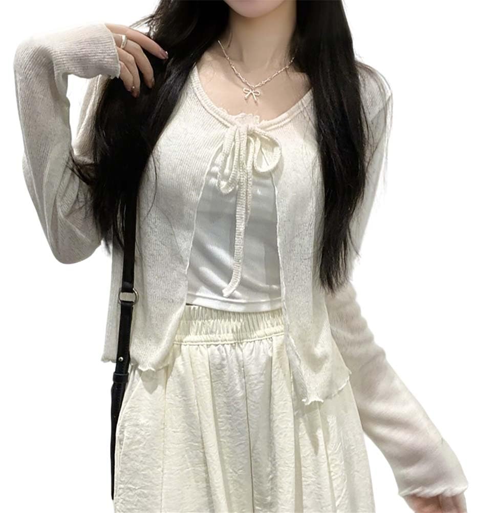 【送料無料】[Ekieta] カーディガン レディース 夏 薄手 ニット ショート丈【透け感・リボン結び・レー..