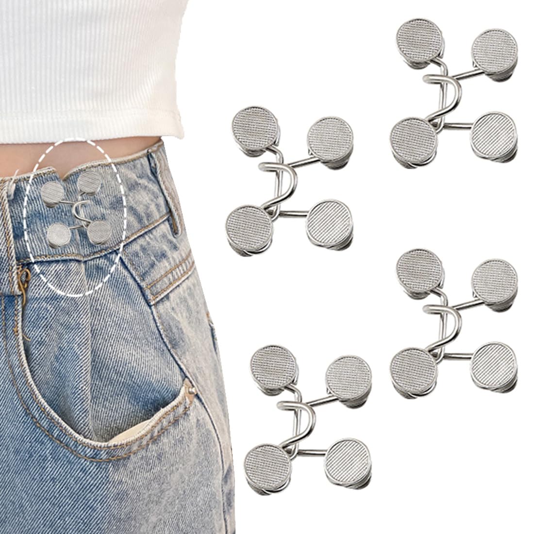 【送料無料】GEJ-Tech ウエスト調整ボタン デニム ジーンズ ピン 4個セット 白 ゴールド ホック アジャスター 色：シルバー、サイズ：4個セット