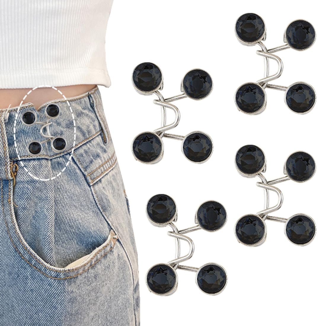 【送料無料】GEJ-Tech ウエスト調整ボタン デニム ジーンズ ピン 4個セット 白 ゴールド ホック アジャスター 色：ブラックラインストーン、サイズ：4個セット