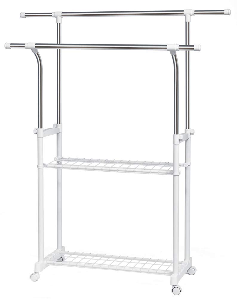 【送料無料】シングル ハンガーラック 直径29.44mm 縦横伸縮 頑丈 軽量 パイプハンガー キャスター 棚付き 幅90~155×奥行43×高さ90~160cm 耐荷重50kg ホワイト 色：シルバー、サイズ：ダブル ハンガーラック（カーブデザイン）