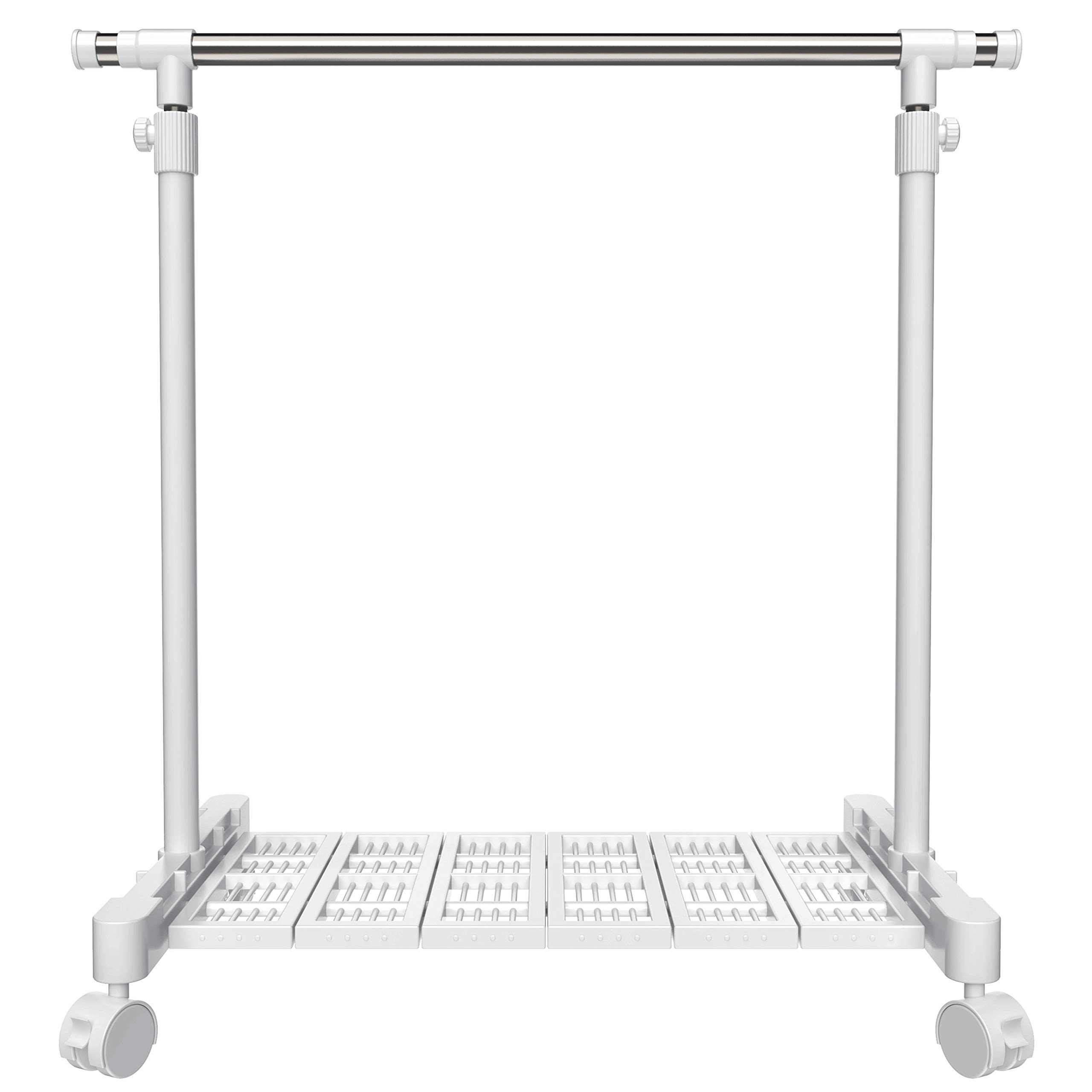 【送料無料】ハンガーラック シングル パイプハンガー 物干しラック パイプ直径29.44mm 頑丈 軽量 キャスター・棚付き 縦横伸縮 幅90~155×奥行43×高さ90~160cm 耐荷重50kg 2年品質 YJ-DC002 色：ホワイト、サイズ：ハンガーラック（棚4枚）