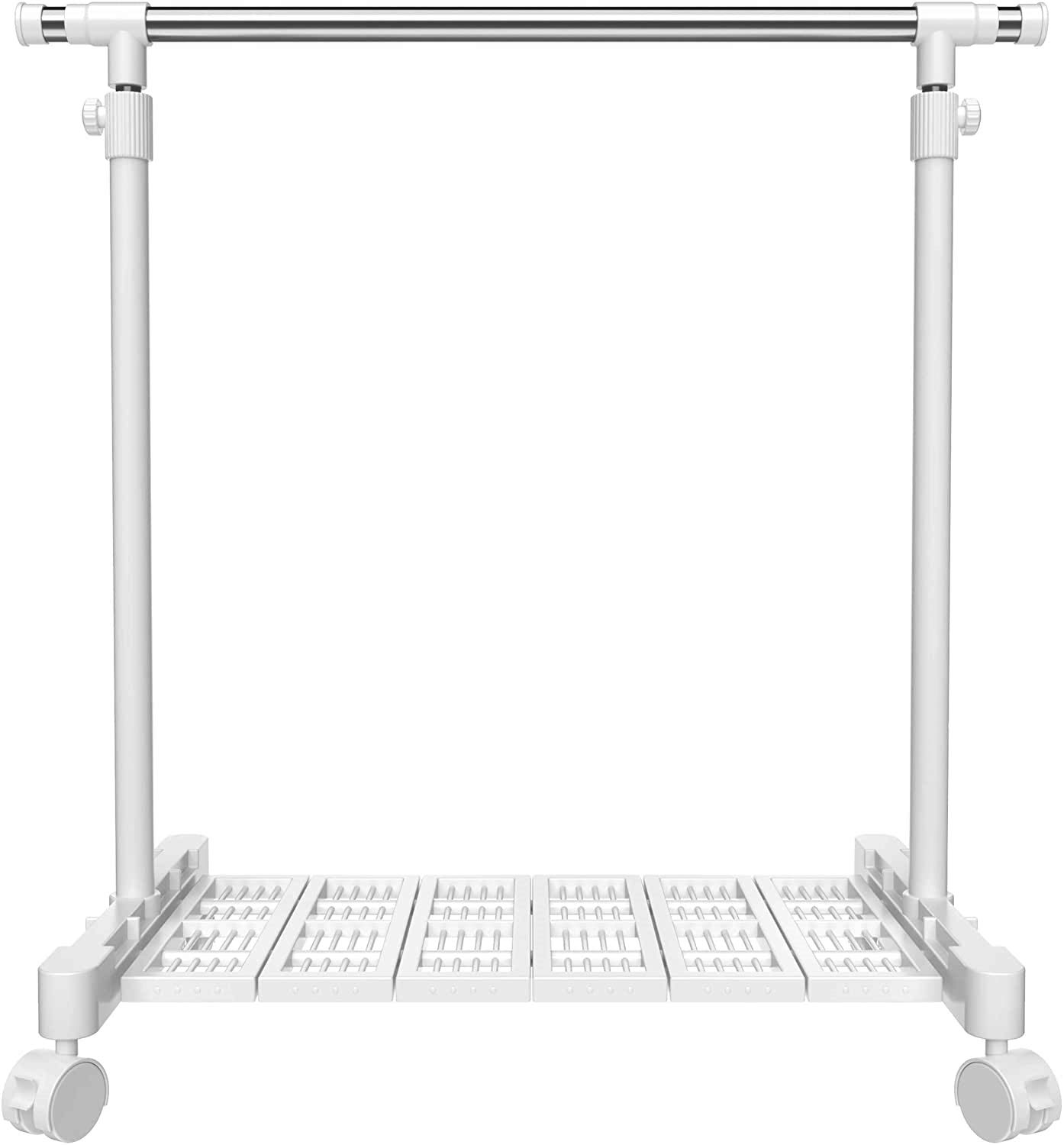 【送料無料】ハンガーラック シングル パイプハンガー 梅雨対策 物干しスタンド キャスター 棚付き 縦横伸縮タイプ 太パイプ 直径29.44mm 頑丈 軽量 幅90~155×奥行43×高さ90~160cm 耐荷重50kg 2年品質 YJ-DC004 色：ホワイト、サイズ：ハンガーラック（棚6枚）