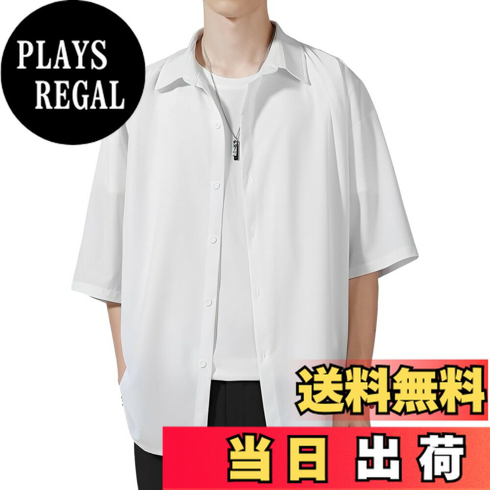 【送料無料】[aspersio] [アスペルシオ] 5分袖 オシャレ カジュアルシャツ 半袖無地 モード系 ベーシック 大人 トップス メンズ 色：リリーホワイト、サイズ：L