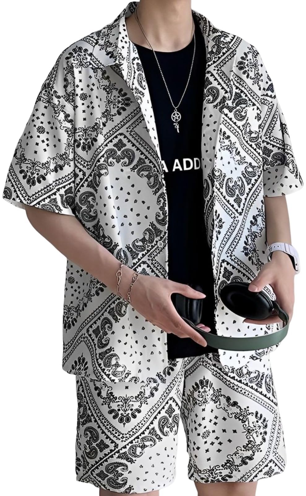 【送料無料】[aspersio] [アスペルシオ] ペイズリー柄 半袖短パン 上下セット ストリート系 襟付きシャツ 半ズボン セット メンズ 色：クールホワイト、サイズ：2XL