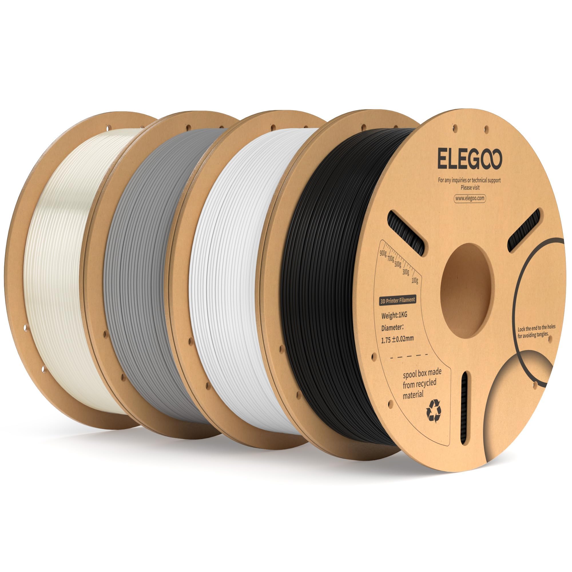 【送料無料】ELEGOO PLA+ 3Dプリンターフィラメント 色：黒色&白色&灰色&半透明、サイズ：PLA Plus
