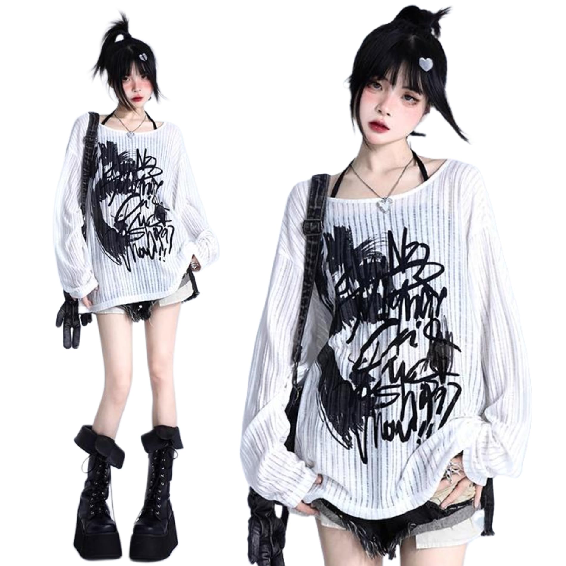 【送料無料】[Ligwon] 地雷系 トップス Tシャツ サブカル系 かわいい セクシー レディース 長袖 ファッション おしゃれ ホワイト グレー 原宿系 韓国系 春 夏 秋 ハロウィーン 色：ホワイト、サイズ：XL