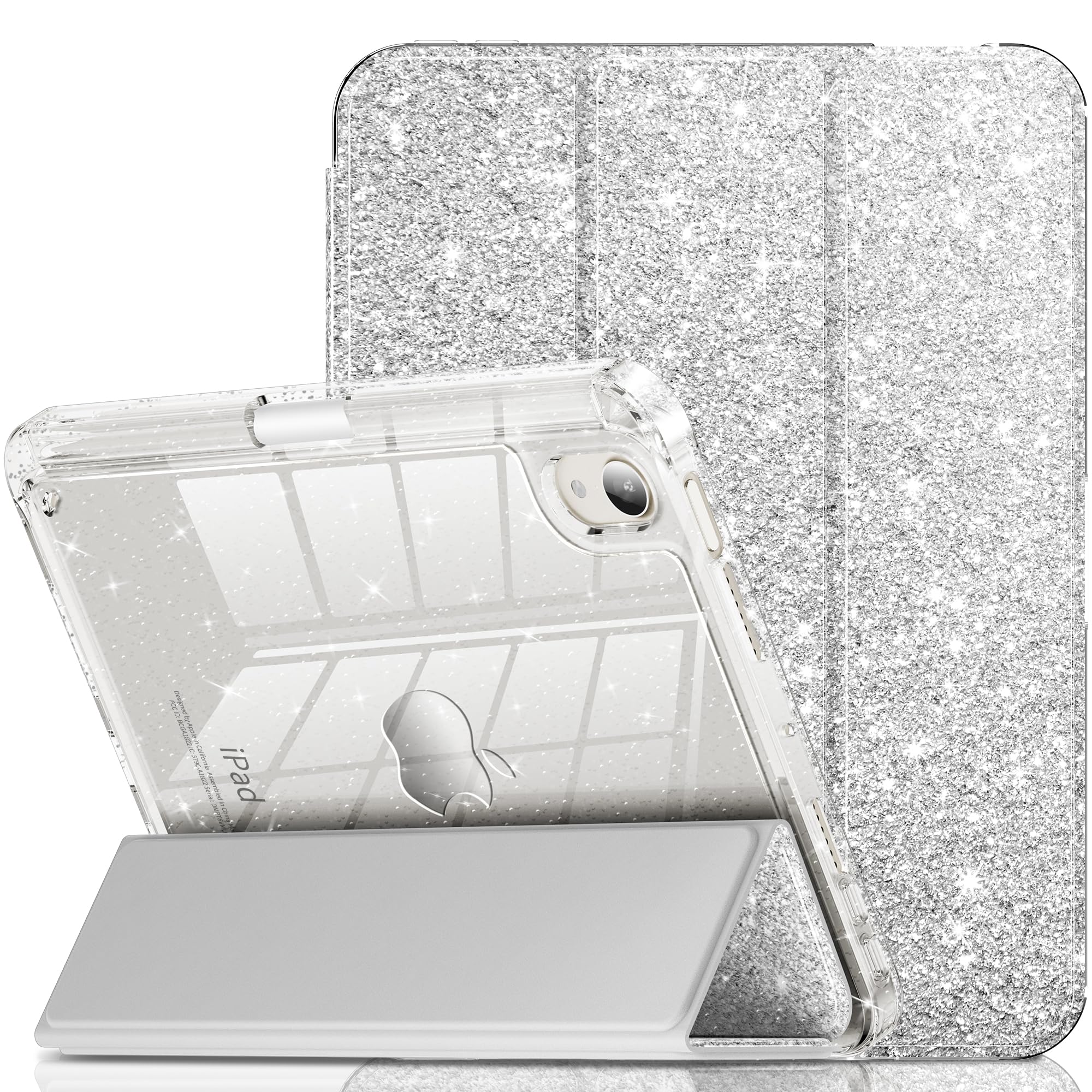 【送料無料】INFILAND 対応 iPad Mini 7 A17 Pro ケース、2024/2021 年発売の iPad Mini 7 代目 / 6 代目 8.3 インチ用ケース、クリアなスパークルバック付きのグリッター可愛い保護カバー、子供や女子用のペンシルホルダー 色：シルバー