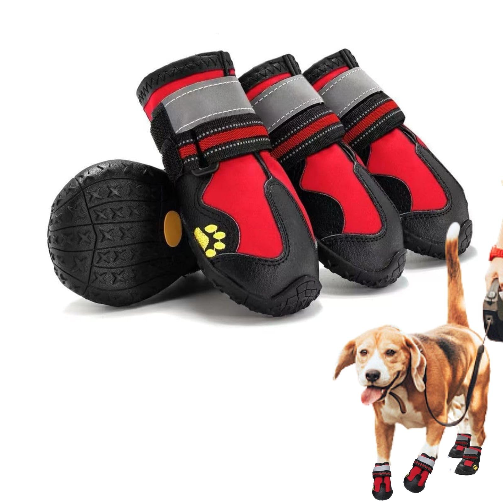 【送料無料】LIKOKLIN 犬靴 ドッグシューズ メッシュ素材 小型・中・大型犬対応 8 サイズ / 4 個入り・2 個入り 春夏用 軽量通気 抗菌防臭 吸水速乾 滑り止めゴム底 肉球保護 脱げにくい 2 重ストラップ 夜間反射テープ付 散歩・雨の日 色：レッド、サイズ：5#(4個入り)