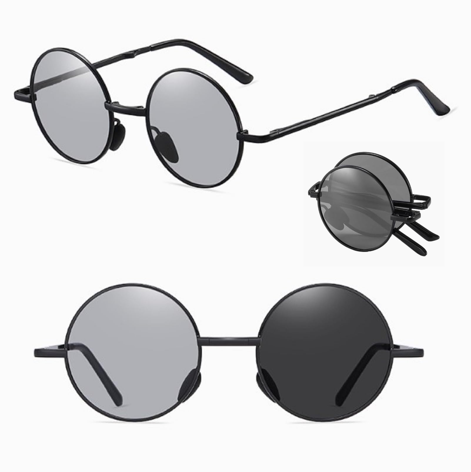 【送料無料】[REONAS] 偏光 + 調光 変色 折りたたみ サングラス ラウンド メガネ uvカット クラッシッ..