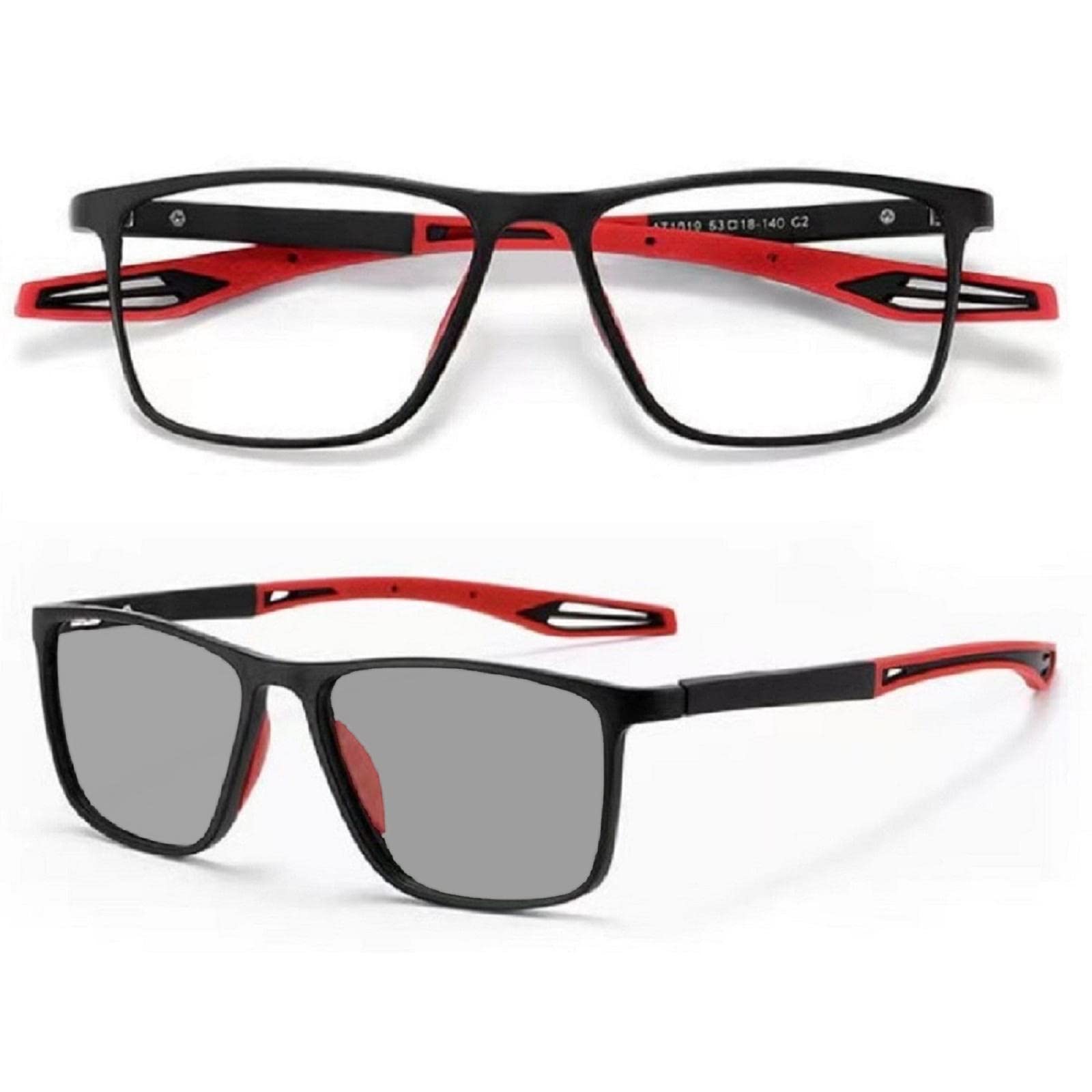 【送料無料】[REONAS] ブルーライトカット メガネ + 調光 変色 パソコンメガネ PCワーク 外出時は サングラス へ変化 JIS規格40% UVカット99% ウエリントン型 メンズ ユニセックス 度なし スポーツサングラス BRAND 色：マットブラック×レッド、サイズ：Free Size