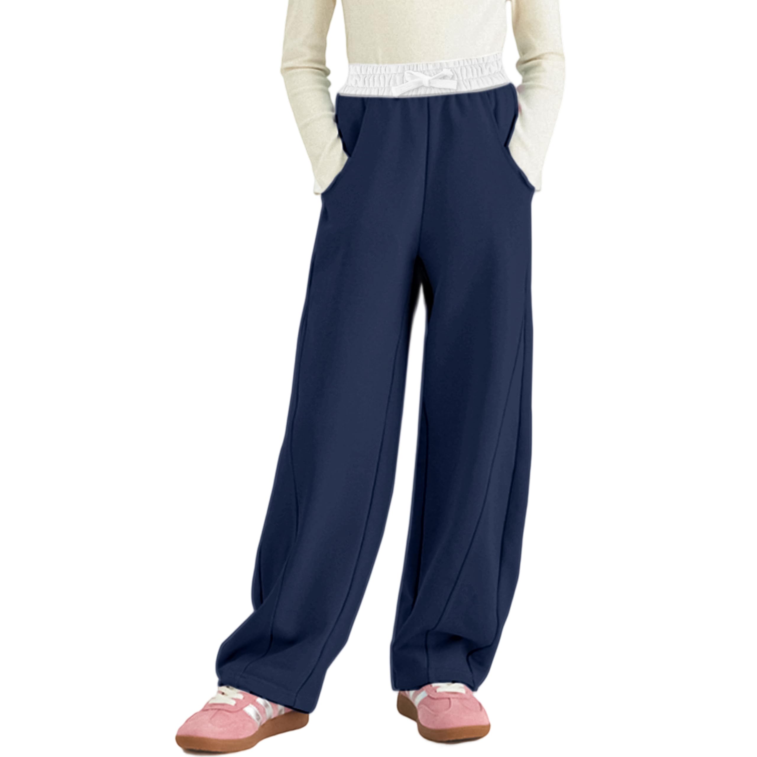 【送料無料】[Rolanko] 子供 ズボン 女の子 スウェット ロングパンツ 長ズボン ストレートパンツ ワイド ストレッチパンツ ハイウエスト ゆったり 無地 130-170cm 色：ネイビーホワイト、サイズ：130