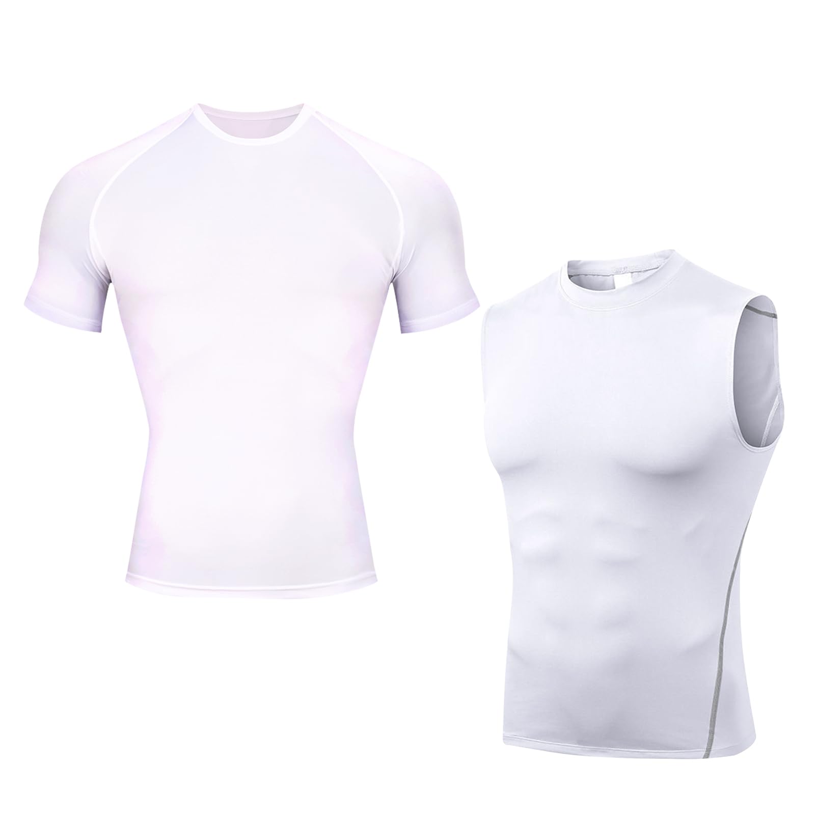 【送料無料】[KANGNAN] コンプレッションウェア メンズ 半袖 タンクトップ 2点セット コンプレッションシャツ UVカット 通気防臭 フィットネス スポーツ ベースレイヤー 吸汗速乾 加圧インナー 色：B2-ホワイト半袖+ベスト2点セット、サイズ：3XL