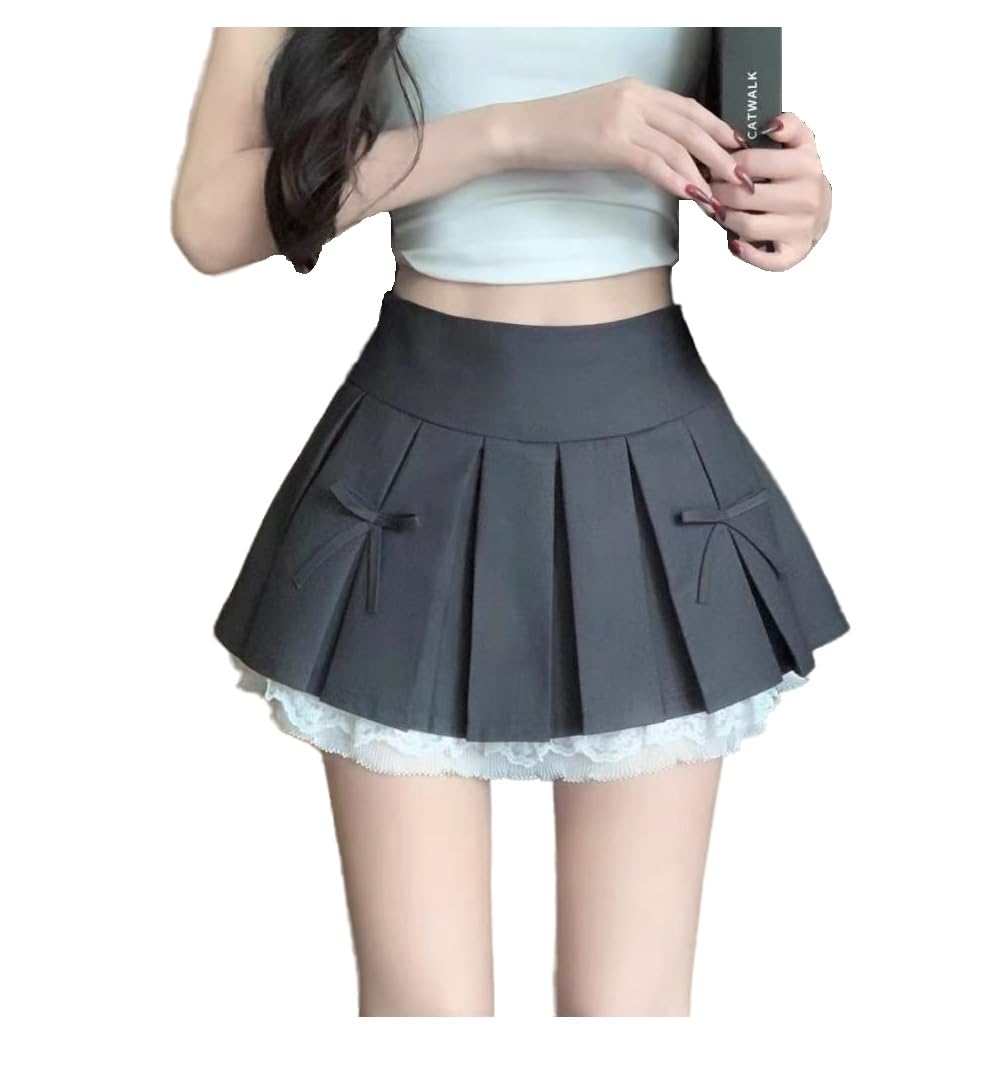 【送料無料】[House Yayoi] スカート 春 夏 レディース 可愛い レース マイクロミニ ファスナー ミニ丈 無地 ハイウエスト 大人かわいい ひざ上丈 裏地付き 女子高生 通学 通勤 パイピング プリーツ Skirt 色：グレー、サイズ：M