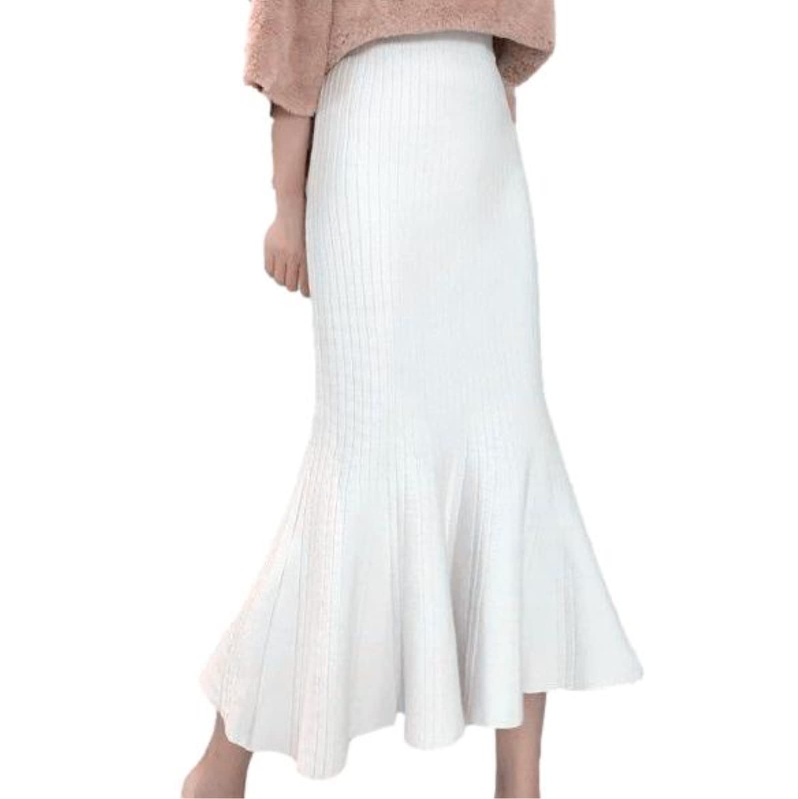 【送料無料】[Nestkanina] スカート マーメイド レディース ミモレ丈 薄手 ハイウェスト きれいめ ゆったり 体型カバー ウェストゴム フリーサイズ ひざ下 無地 黒 白 美脚 美尻 膝下 SKT019 色：ホワイト、サイズ：Free Size