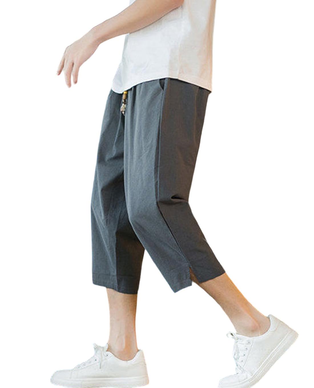 【送料無料】[OKJCON] サルエルパンツ メンズ 夏 七分丈 ゆったり 綿麻 ワイドパンツ 薄手 無地 大きいサイズ 色：グレー、サイズ：3XL