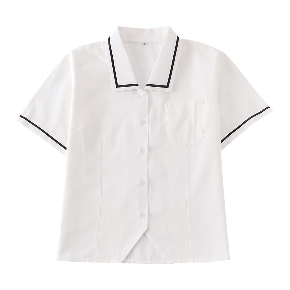 【送料無料】[Sharphon] スクールシャツ 女子 半袖 長袖 白 衿ライン 一本ライン ショート丈 角襟 変形襟 春夏秋冬 女子高生 JK おしゃれ カレッジ スクール 学校制服 REI106 色：ホワイト-半袖、サイズ：XL