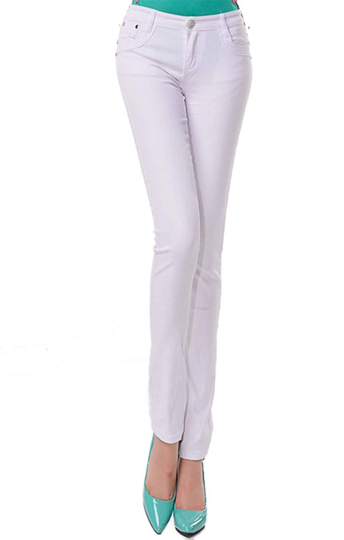 【送料無料】[Sharphon] レディース 19色 スキニー ストレッチ スリム 綿100% ラインパンツ 美脚 ロングパンツ 色：ホワイト、サイズ：5XL