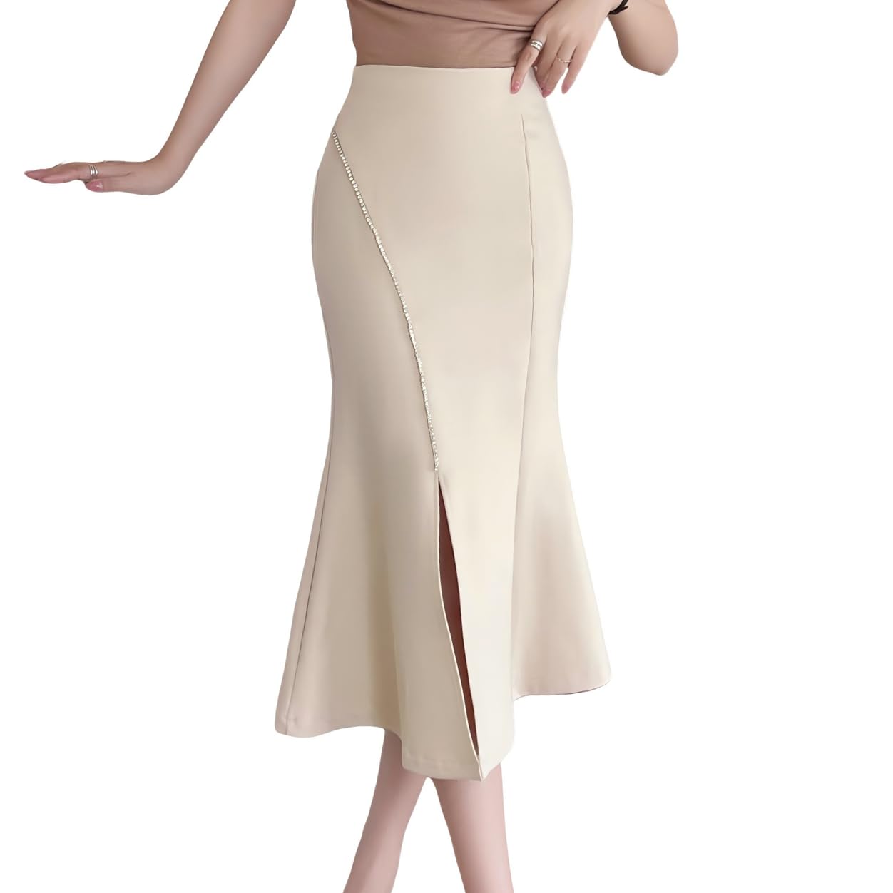 【送料無料】[syvent] 4色 マーメイドスカート レディース マキシスカート ロングスカート フレアスカート シンプル ハイウエスト Aライン タイト 可愛い ミモレ丈 通勤 ファッション おしゃれ 春 夏 秋 12F292 色：ベージュ、サイズ：L