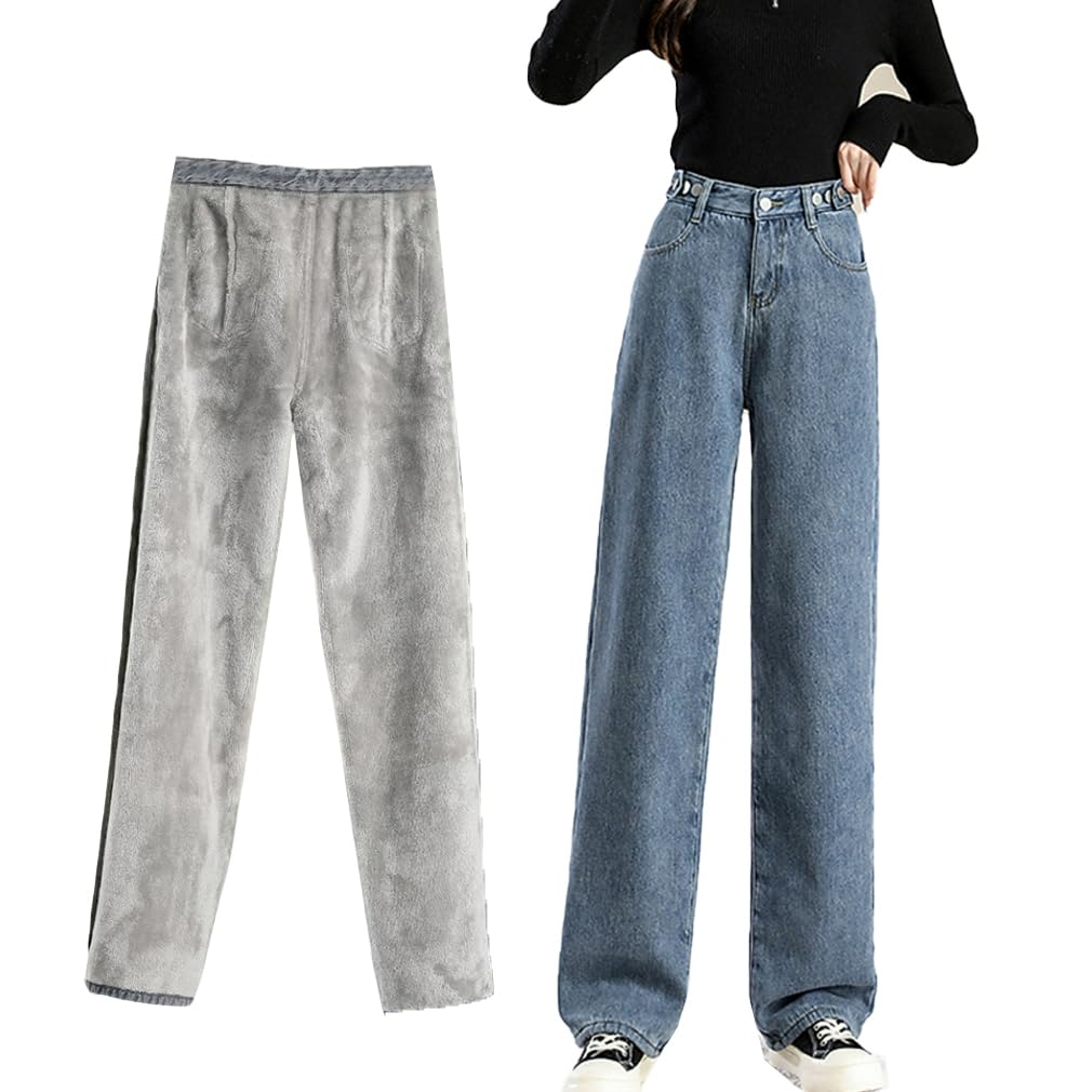 【送料無料】[Icyrain] 裏起毛デニムパンツ レディース ワイド パンツ 裏起毛 デニム ハイウエスト 裏地付き 秋冬用 低身長さん 高身長さん 暖パン 美脚 ワイドパンツ 保温 防寒 ゆったり 色：02ダークブルー、サイズ：L