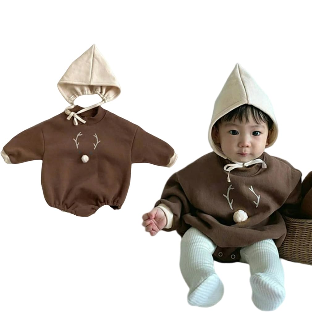 【送料無料】[Icyrain] クリスマス コスチューム ベビー カバーオール トナカイ 着ぐるみ ベビー 男の子 女の子 ロンパース サンタ 赤ちゃん 服 キッズ 着ぐるみ 出産祝い なりきり変身 パジャマ 部屋着 普段着 撮影写真 プレゼント ギフト 色：コーヒー、サイズ：90