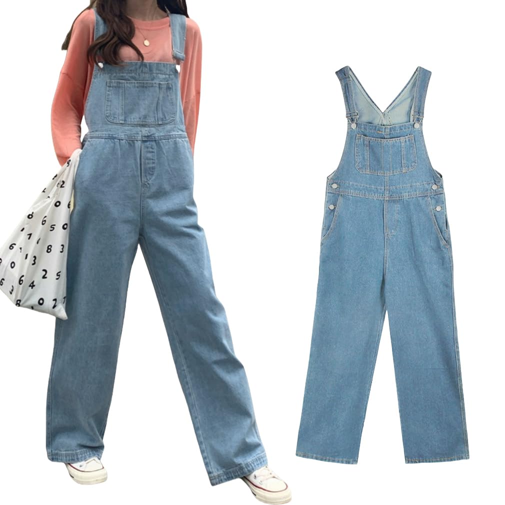 【送料無料】[Icyrain] サロペット デニム レディース オーバーオール デニムパンツ オールインワン 大きいサイズ ジーンズ ワイドパンツ 体型カバー 着痩せ 普段着 通勤 色：浅いブルー、サイズ：XL