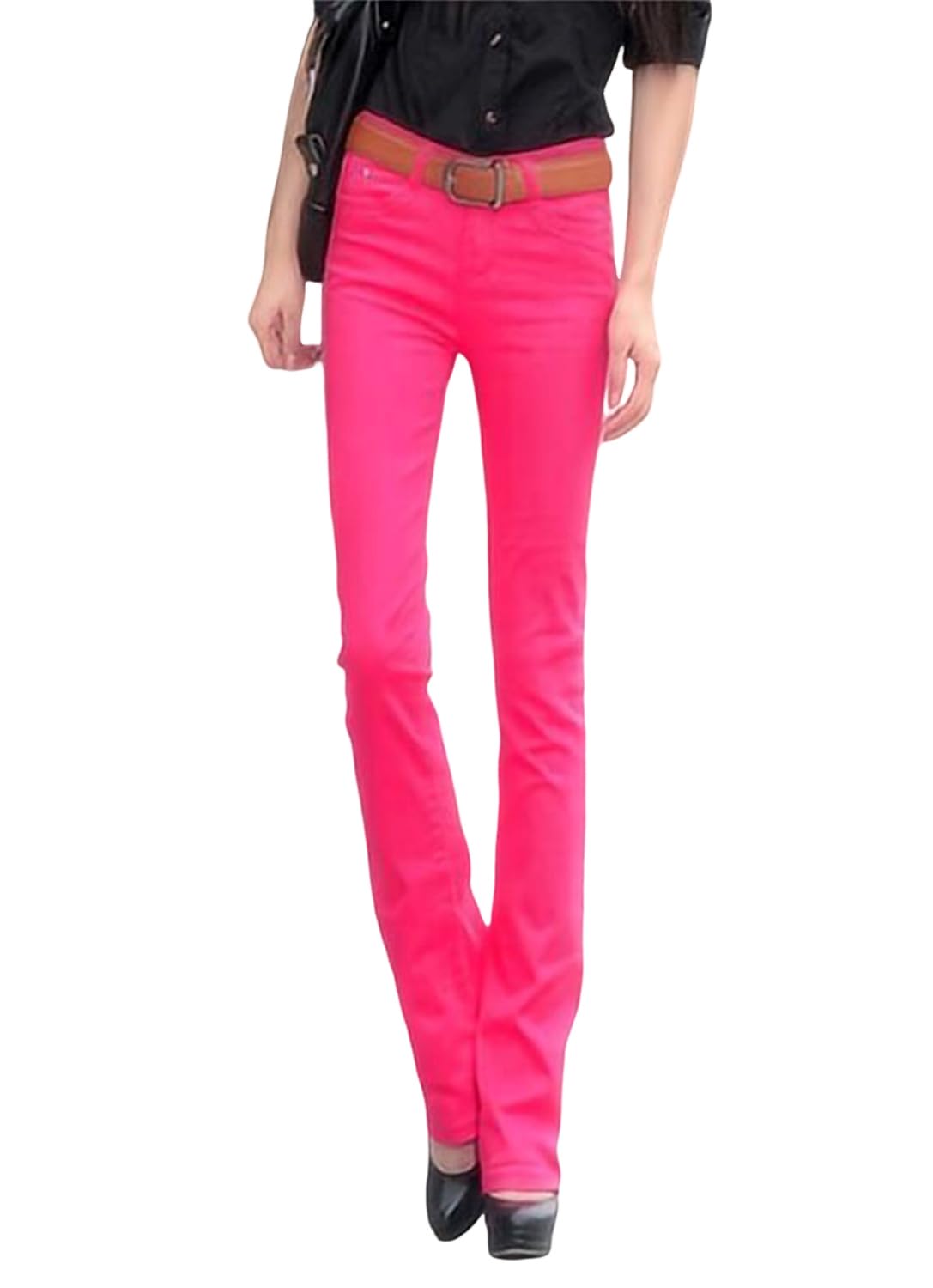 【送料無料】[Sharphon] レディース ブーツカット ロング パンツ 綿100% 大きい デニム ストレッチ スリム 美脚 ジーンズ ズボン 12色 色：ローズ、サイズ：5XL