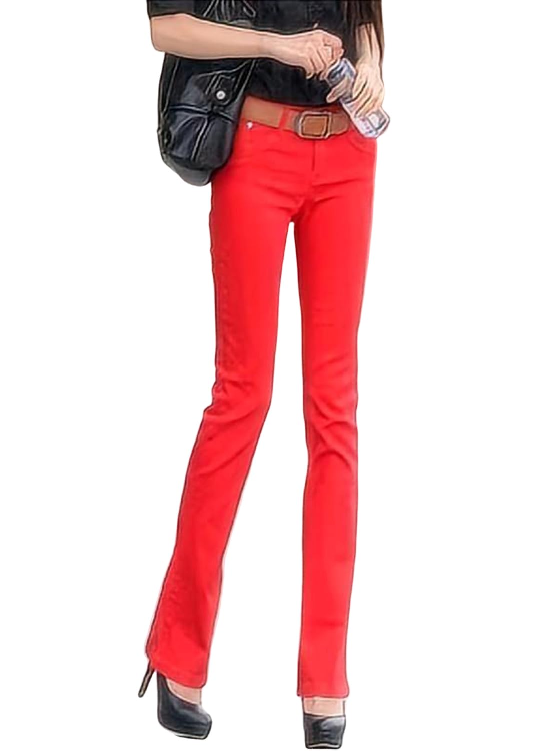 【送料無料】[Sharphon] レディース ブーツカット ロング パンツ 綿100% 大きい デニム ストレッチ スリム 美脚 ジーンズ ズボン 12色 色：レッド、サイズ：L