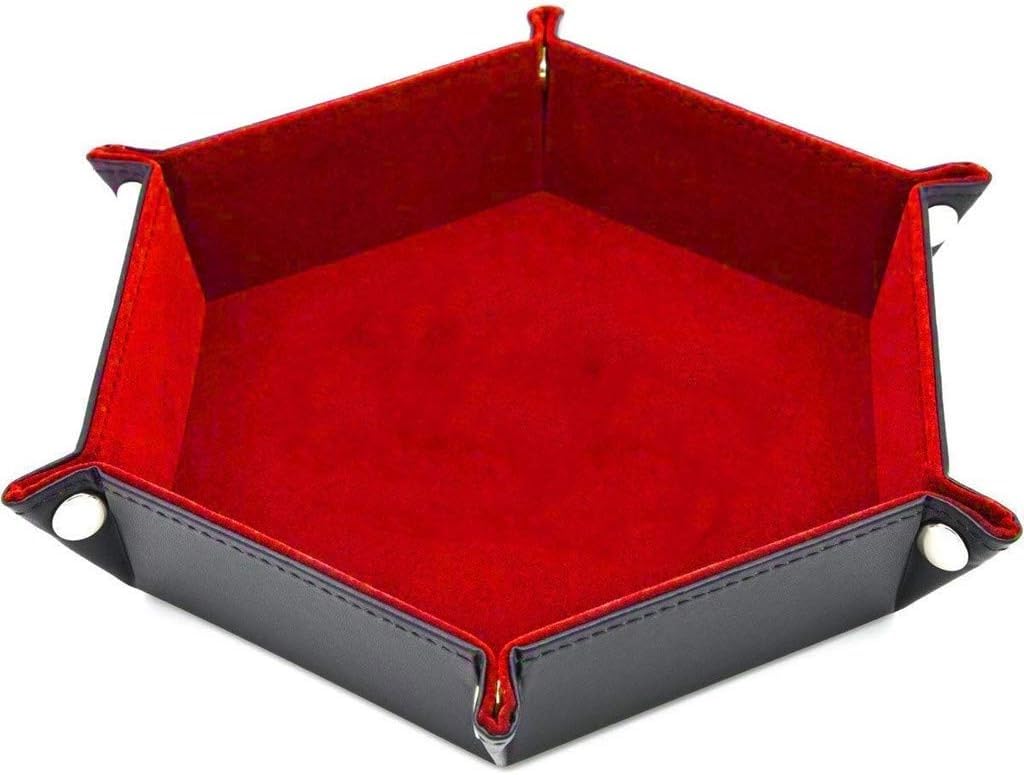 【送料無料】ダイストレイ PUレザー 折りたたみ式 簡単 組み立て サイコロ トレー ホルダー RPG 双六 占い ゲーム ローリング DND 小物入れ 卓上 収納 ダイステーブル 六角形 色：レッド、サイズ：卓上