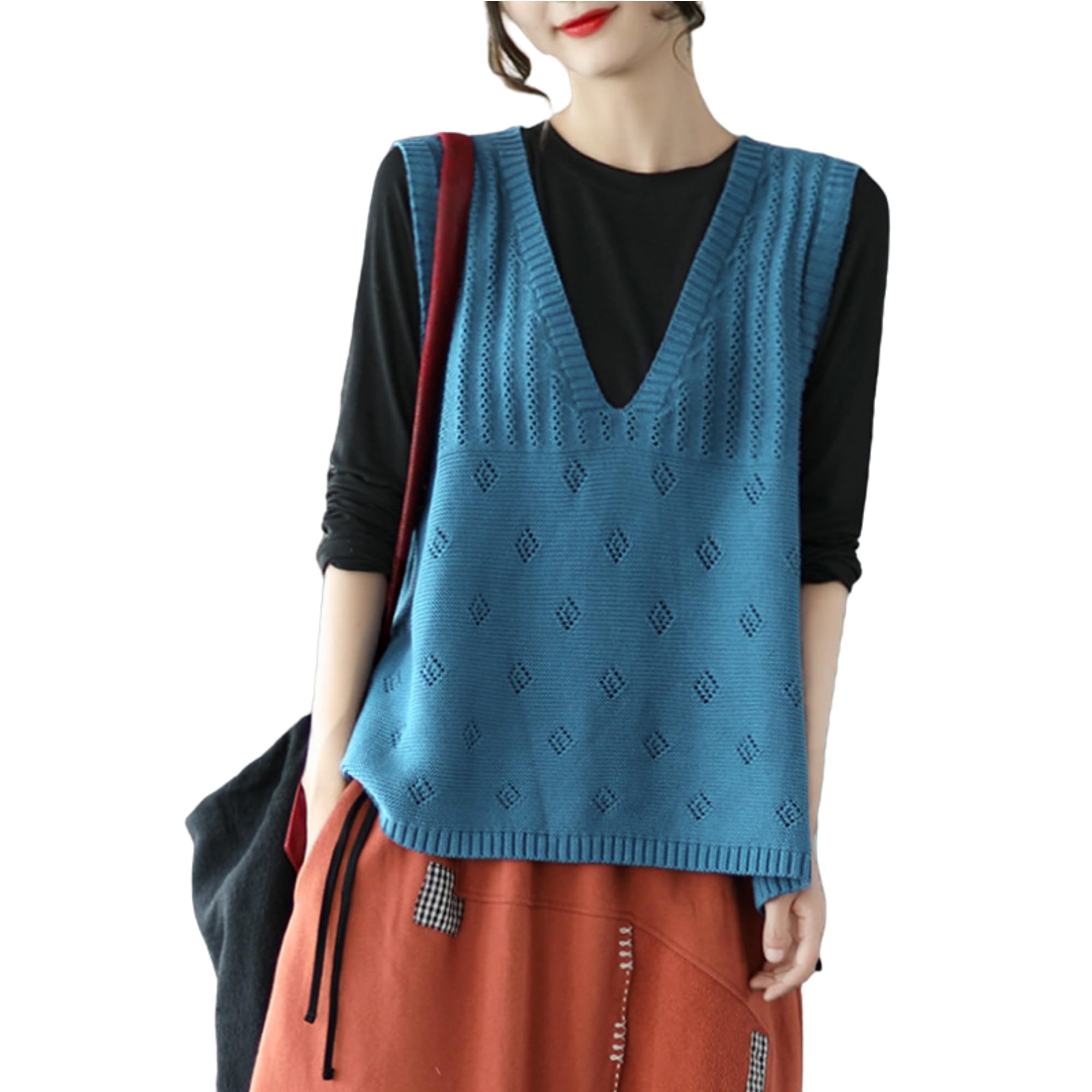 【送料無料】[KOEKOI] ニットベスト レディース 刺トップス カジュアル 着せ 無地 透かし レトロ 編み..