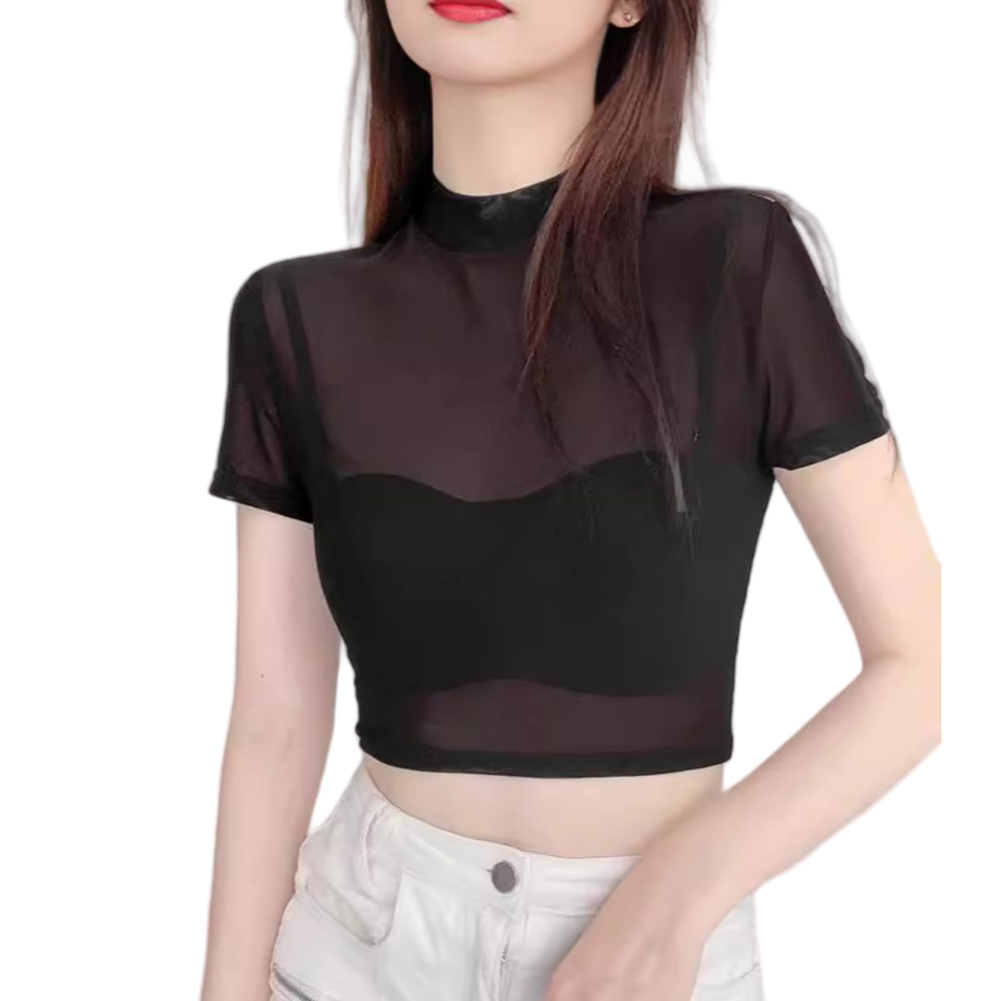 【送料無料】[KOEKOI] Tシャツ へそ出しレディース カットソー 半袖 ショート丈 tシャツ シアー トップス シースルー ブラウス トップス ダンス衣装 Tシャツ カットソー 着痩せ シースルー トップス セクシー 無地 ショートtシャツ 夏 色：ブラック、サイズ：Free Size